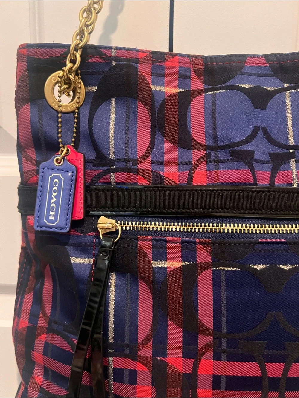 Coach Poppy metallic Tartan Plaid slim chain tote